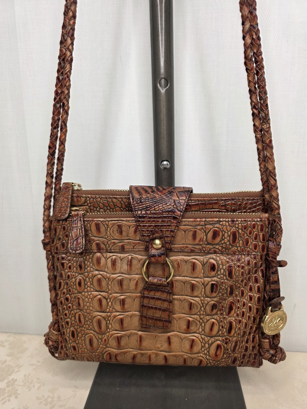 Brahmin Vintage Crocodile Embossed Leather Crossbody Bag Brown Boho Braided